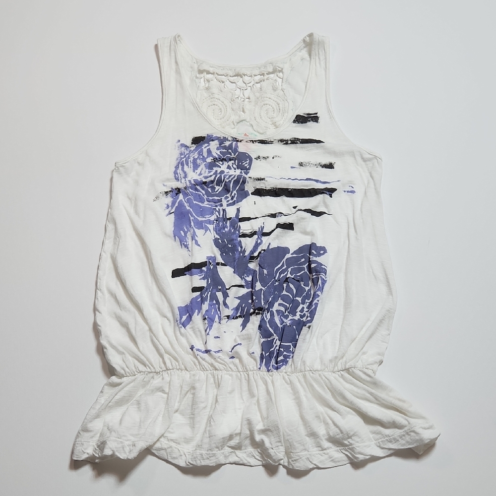 Free People Lace Back Peplum Tank Top White Floral Graphic Size Small